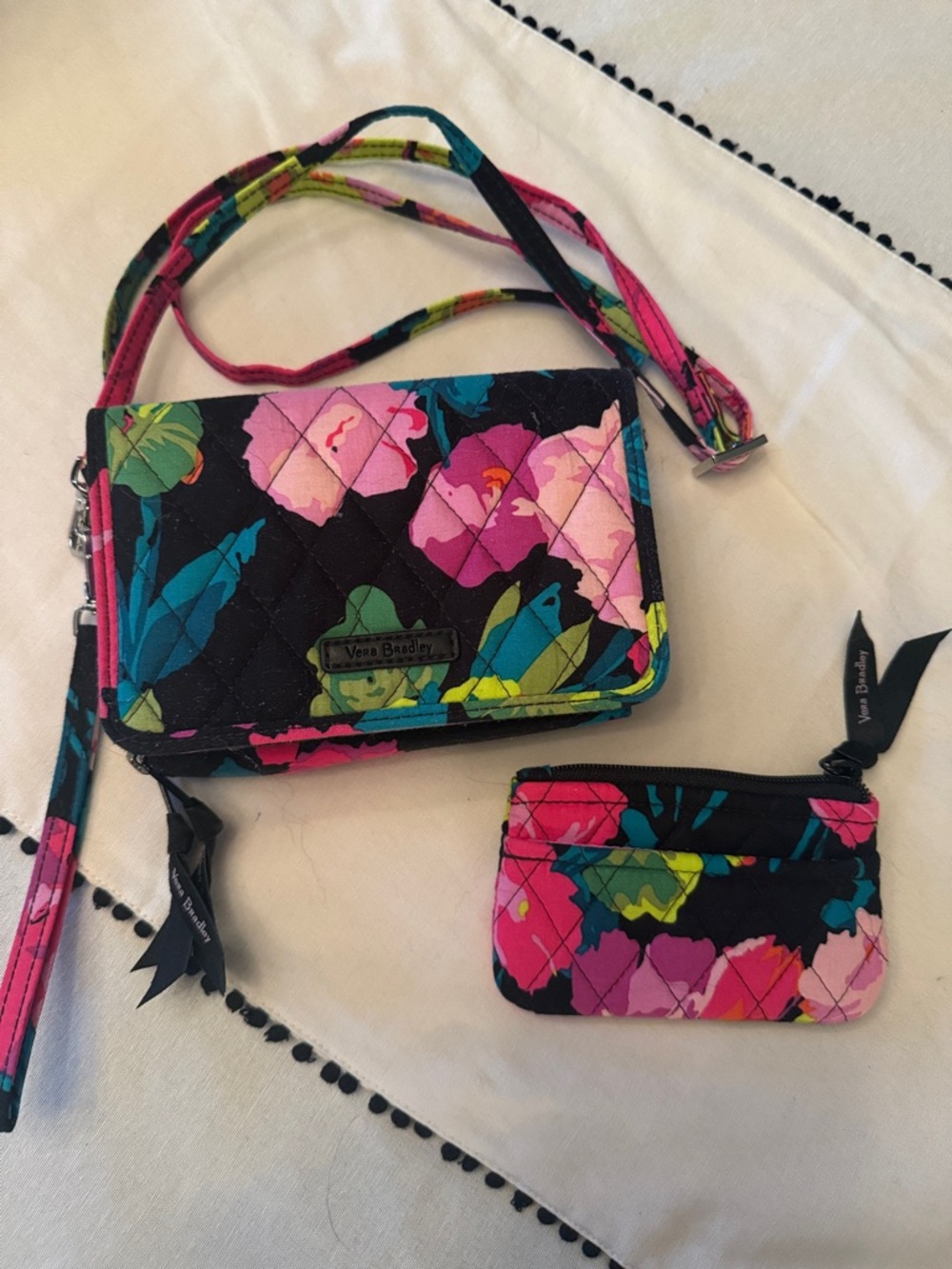 Vera Bradley Black Quilted Floral Crossbody with Pink & Teal Accents